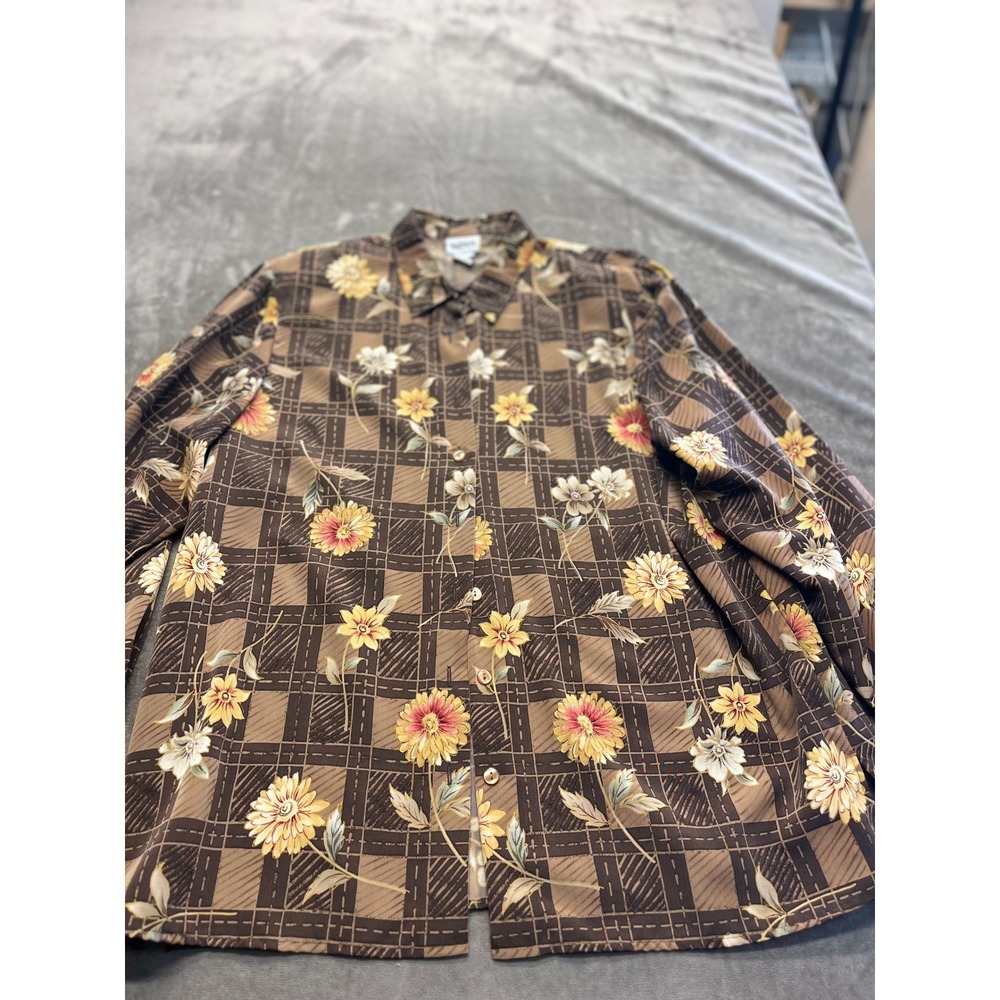 BonWorth Womens Brown Floral Grid Button Down Blouse Long Sleeve Large 26279